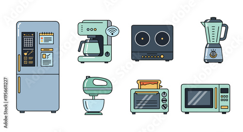 A collection of eight smart home appliances in light blue and mint green are neatly arranged on a light gray background.