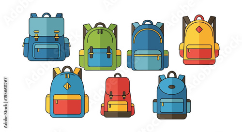 A vibrant collection of school backpacks in various colors and designs presented as a flat graphic silhouette high quality professional detailed
