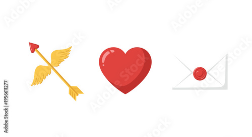 A golden cupid's arrow, a glossy red heart, and a white sealed envelope are arranged horizontally on a white background.