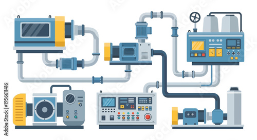 Complex industrial machinery with pipes gauges and control panels is depicted in a flat graphic style silhouette high quality professional detailed