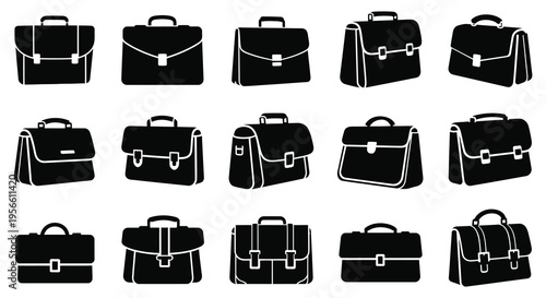 An arrangement of various black briefcase shapes displayed against a white background presented as a striking silhouette high quality professional detailed