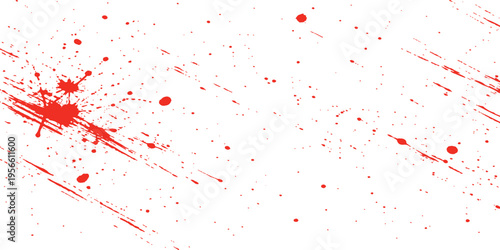 A high contrast abstract background featuring vibrant red paint splatters on a clean white surface