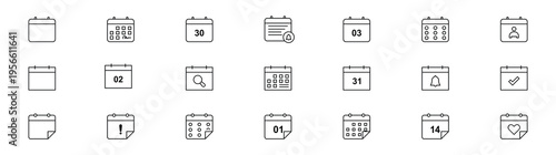 Calendar thin line icons set. Schedule, reminder symbol. Editable stroke. minimalistic pictograms for mobile. Calendar icon set. Containing date, schedule, month, week, appointment, event, time, plan.