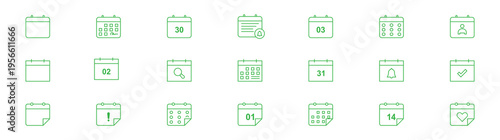 Calendar thin line icons set. Schedule, reminder symbol. Editable stroke. minimalistic pictograms for mobile. Calendar icon set. Containing date, schedule, month, week, appointment, event, time, plan.