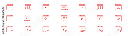 Calendar thin line icons set. Schedule, reminder symbol. Editable stroke. minimalistic pictograms for mobile. Calendar icon set. Containing date, schedule, month, week, appointment, event, time, plan.
