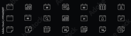 Calendar thin line icons set. Schedule, reminder symbol. Editable stroke. minimalistic pictograms for mobile. Calendar icon set. Containing date, schedule, month, week, appointment, event, time, plan.