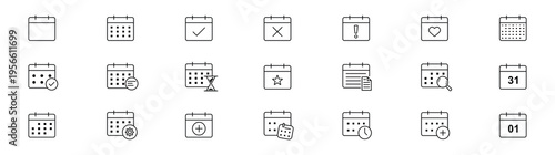 Calendar Icons Set. Schedule, Appointment, Reminder, Date, Time Management Line Icons Collection. Calendar, agenda, planner outline icons set with editable stroke isolated on white background. Eps 10.
