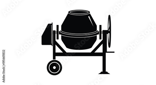 A stark black silhouette depicts a cement mixer showcasing industrial construction equipment in a minimalist style silhouette high quality professional detailed