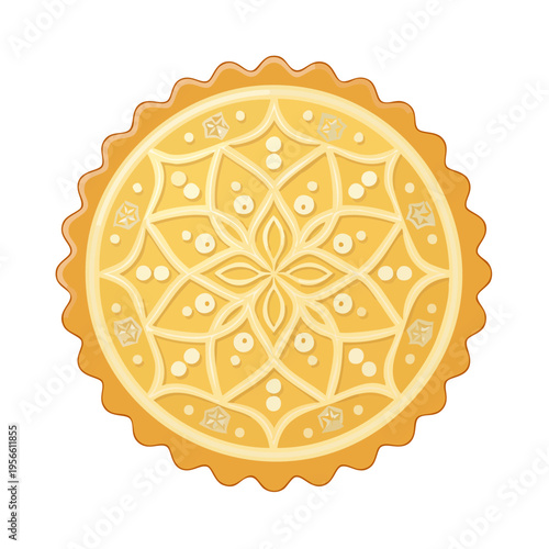 Traditional round yellow baked pastry with ornate floral pattern and scalloped edge