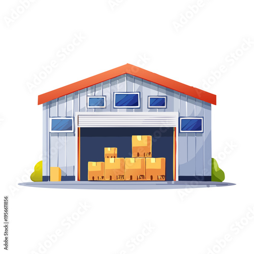 Illustration of a Warehouse Building with Stacked Cardboard Boxes and Open Roll-Up Door