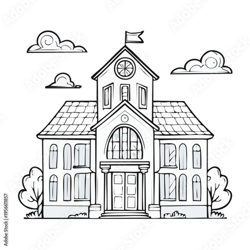 Classic School Building Exterior With Arched Windows And Flag