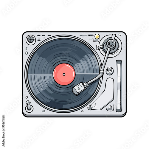 Professional turntable with vinyl record playing music for DJs and audiophiles