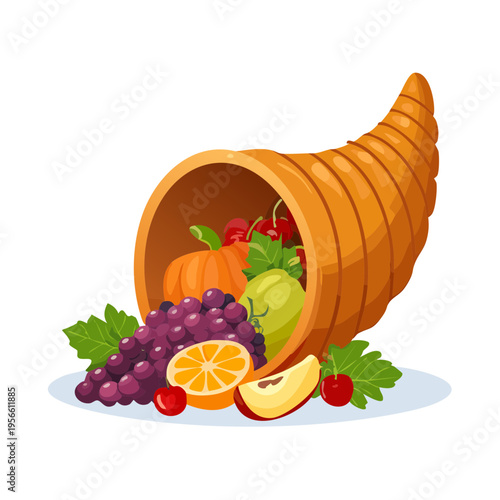 Cornucopia overflowing with autumn harvest fruits and vegetables