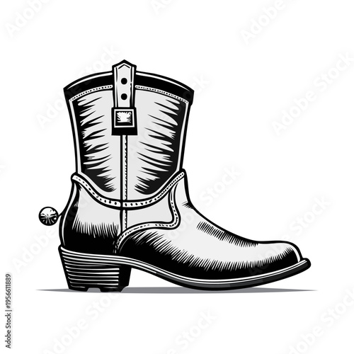 Detailed illustration of a classic cowboy boot with spur, in black and white.