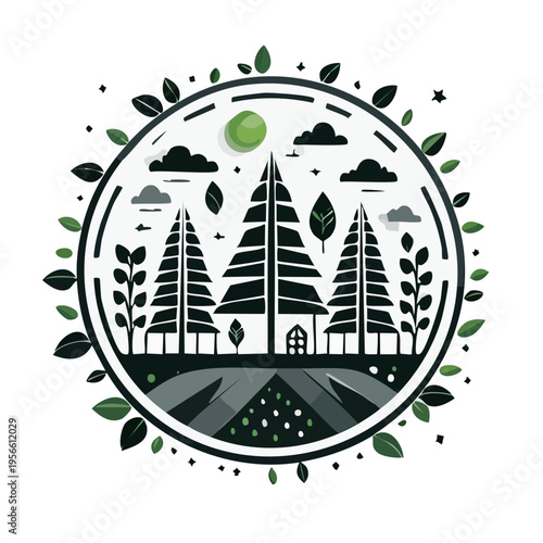 Stylized forest landscape with trees foliage sun and clouds within a circular emblem