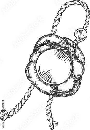 Vintage sketch of a wax seal, round, with a cord in a hand-engraved style.