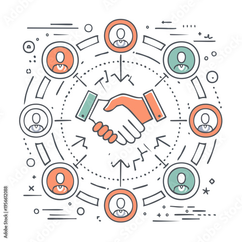 Business partnership collaboration concept with handshake connecting diverse team members in a network diagram.