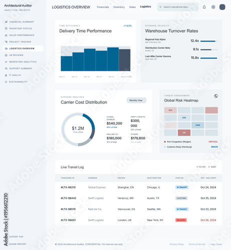 "The visual mood is clinical, sophisticated, and highly organized. It utilizes a clean 'Light Mode' aesthetic dominated by soft whites and cool grays, punctuated by authoritative shades of corporate 