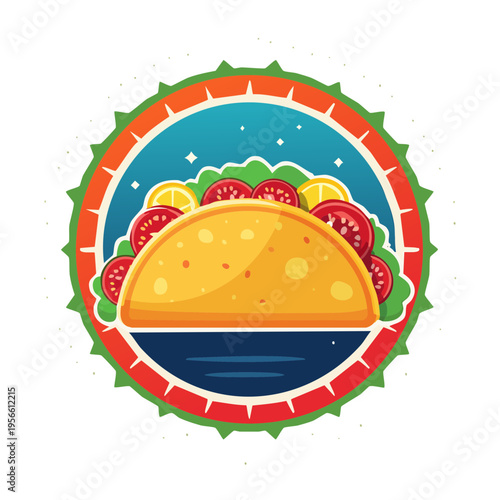 Vibrant stylized taco with fresh ingredients inside a decorative circular border