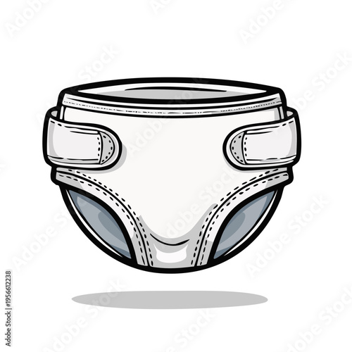 Hand drawn cartoon illustration of a white disposable baby diaper with adjustable tabs