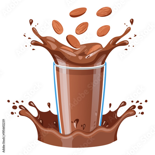 Chocolate milk splash in glass with almonds falling into liquid dairy beverage