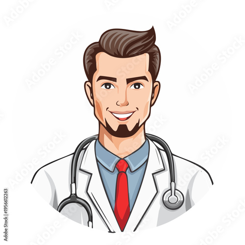 Cartoon male doctor wearing stethoscope and red tie in white lab coat smiling
