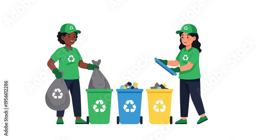 Two volunteers sorting trash into recycling bins for a cleaner planet