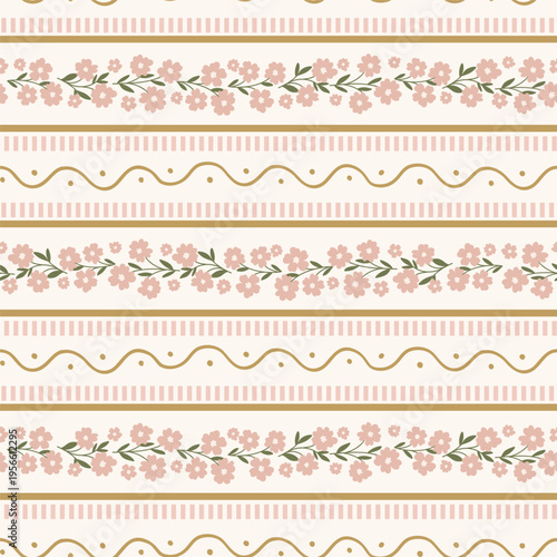 Delicate floral horizontal stripes and flowers seamless patterns, repeating background. For 
fabric, nursery, stationery, home and kitchen 
ware products.