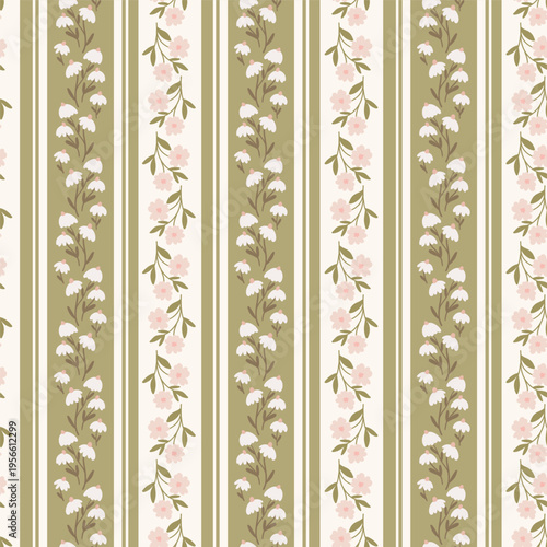 Rustic cottagecore repeating seamless pattern background with flowers, stripes, lines. For fabric, nursery, stationery, home and kitchen ware products.