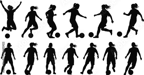 Set of female soccer player silhouettes, black vector icons, active women playing football, running, jumping, and kicking ball isolated design