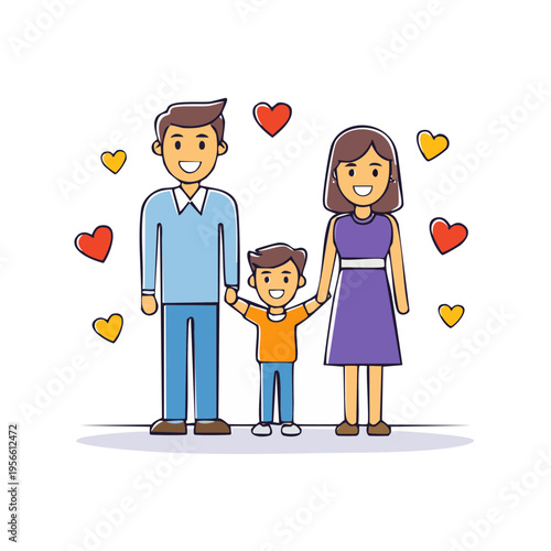 Happy cartoon family of three parents and child holding hands surrounded by hearts