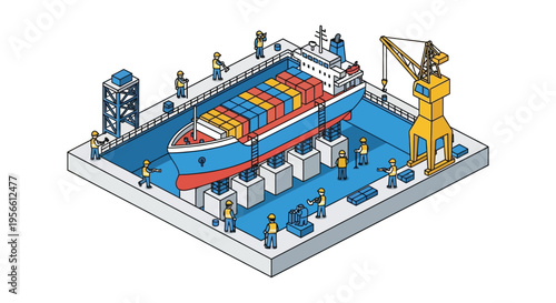 Isometric illustration depicting a busy cargo ship loading and unloading at a port facility with worker figures silhouette high quality professional