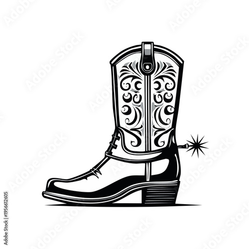 Western Cowboy Boot with Ornamental Design and Spur