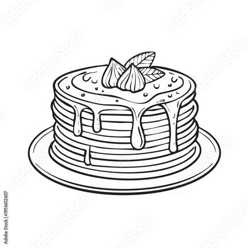 Hand drawn outline of stacked pancakes with syrup and fruit toppings on a plate
