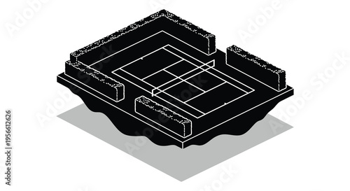 An isometric depiction of a tennis court featuring geometric shapes and stark contrast presented as a silhouette high quality professional detailed