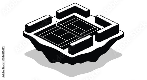 A black and white illustration depicts a tennis court surrounded by seating presented as a striking silhouette high quality professional detailed