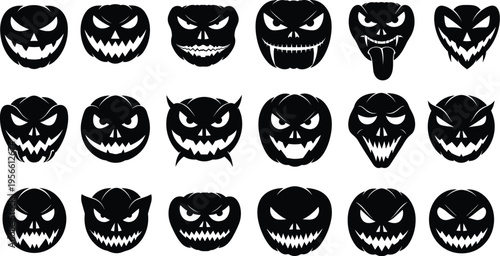 Set of spooky Halloween pumpkin face silhouettes, scary jack o lantern carved mouth and eye icons, creepy monster facial expressions vector