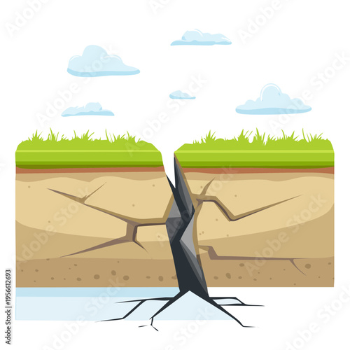 Earthquake fissure opens ground layers showing soil and water underground