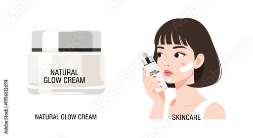 Woman applying natural skincare cream in minimalist flat illustration for beauty product advertising