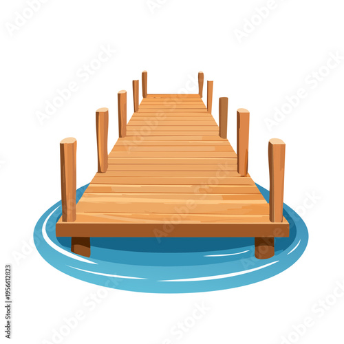 Wooden pier extending into blue water with simple ripples and wooden posts
