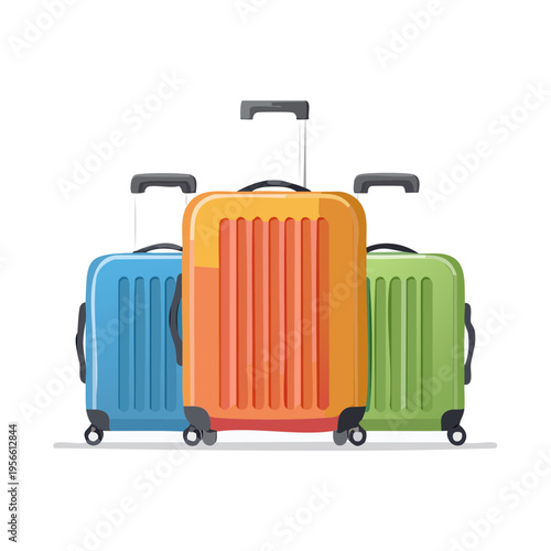 Three colorful wheeled suitcases arranged in a row, ready for travel