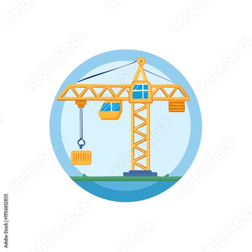 Yellow construction tower crane lifting a yellow load within a blue circle