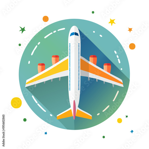 Top view of a commercial airplane flying in a colorful orbit around the globe with stars