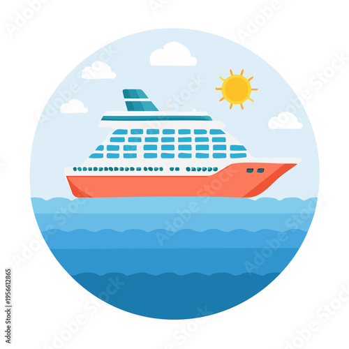 Large passenger cruise ship sailing on blue ocean under sunny sky with clouds