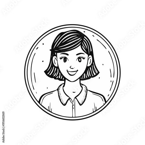 Friendly smiling woman with bob haircut in a circular frame line art illustration