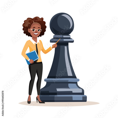 Businesswoman teaching strategy using a large chess pawn piece