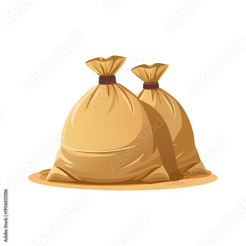 Two full golden brown burlap sacks tied with string resting on a circular base