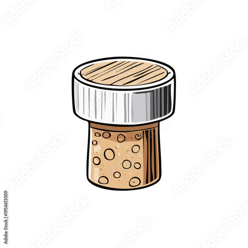 Close up of a wine cork stopper with textured surface and metallic band illustration