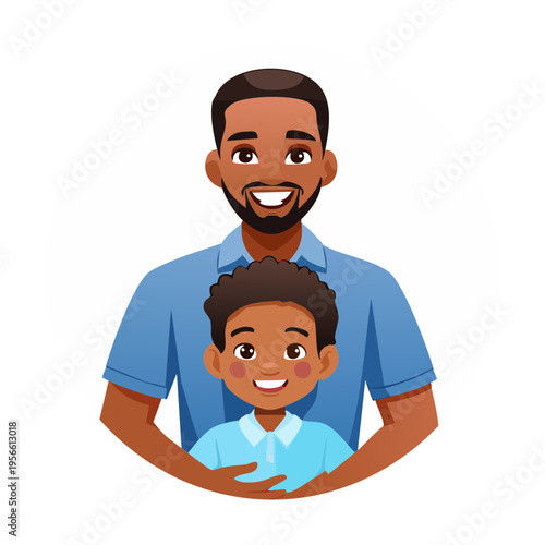 Black father and son embrace happily within a blue circle illustration