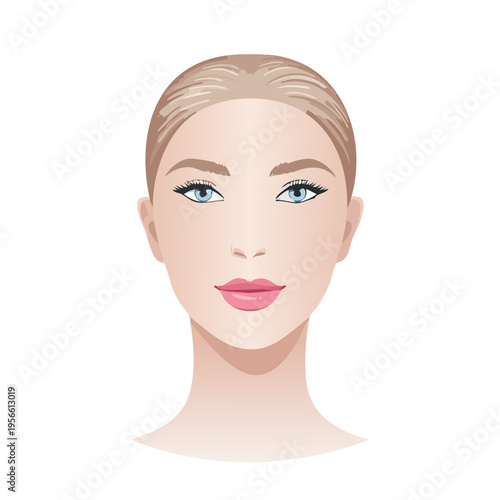 Attractive blonde woman's face with blue eyes and pink lips, vector illustration